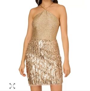 Liv Foster Dress, Size 10, Mini, Gold Halter Top, Extra Sequin Fringe Skirt, NEW